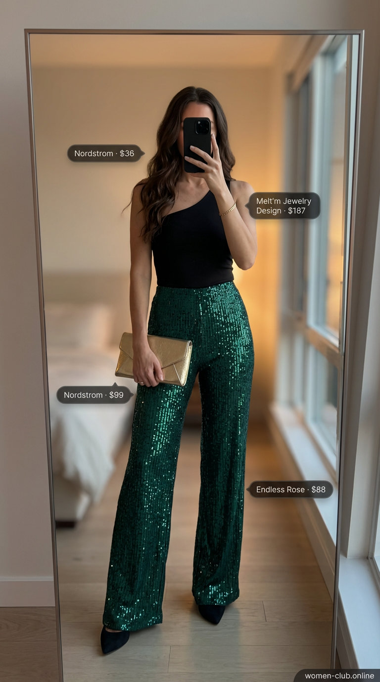 Extravagant Disco Diva Glam night party outfit summer 2026 featuring emerald green sequin wide-leg pants, a black one-shoulder crop top, black platform heels, and a gold clutch.