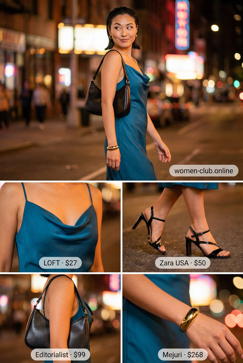 Bold electric blue satin slip midi dress with a cowl neck, styled for a modern night party outfit summer 2026. Paired with black strappy heeled sandals and a silver metallic mini shoulder bag. Ideal for dance parties or club nights.