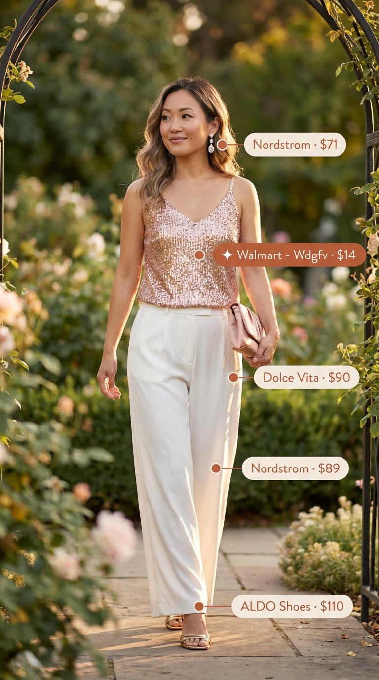 Glamorous Glittering Garden Gala night party outfit summer 2026 showcasing a rose gold sequin crop top, ivory wide-leg trousers, and champagne metallic strappy sandals.