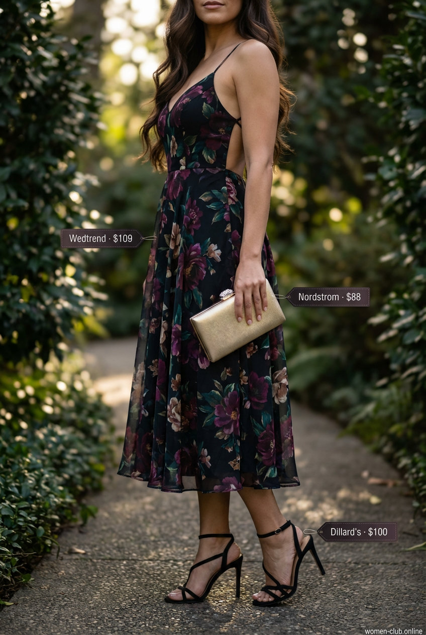 Ethereal Midnight Garden Romance night party outfit summer 2026 with a flowy floral print maxi dress, delicate black heels, and a small gold clutch.