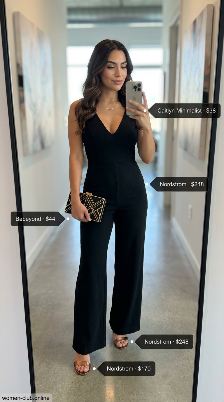 Sophisticated Night party outfit summer 2026 with a black crepe wide-leg jumpsuit, bronze metallic heels, a black geometric clutch, and a dainty gold bar necklace for an art gallery opening.