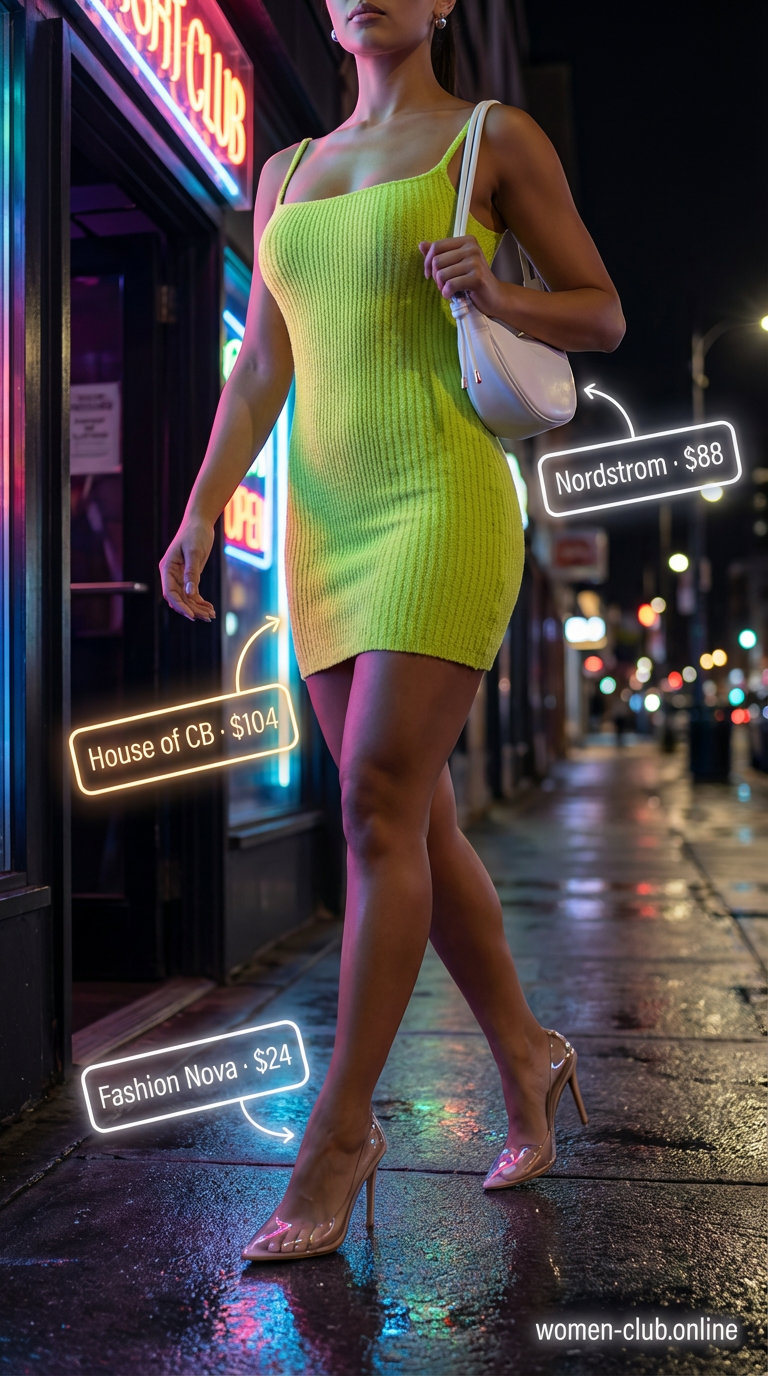 Bold Neon Dreams Disco night party outfit summer 2026, showcasing a lime green bodycon mini dress, clear PVC stiletto heels, and a white micro mini shoulder bag.
