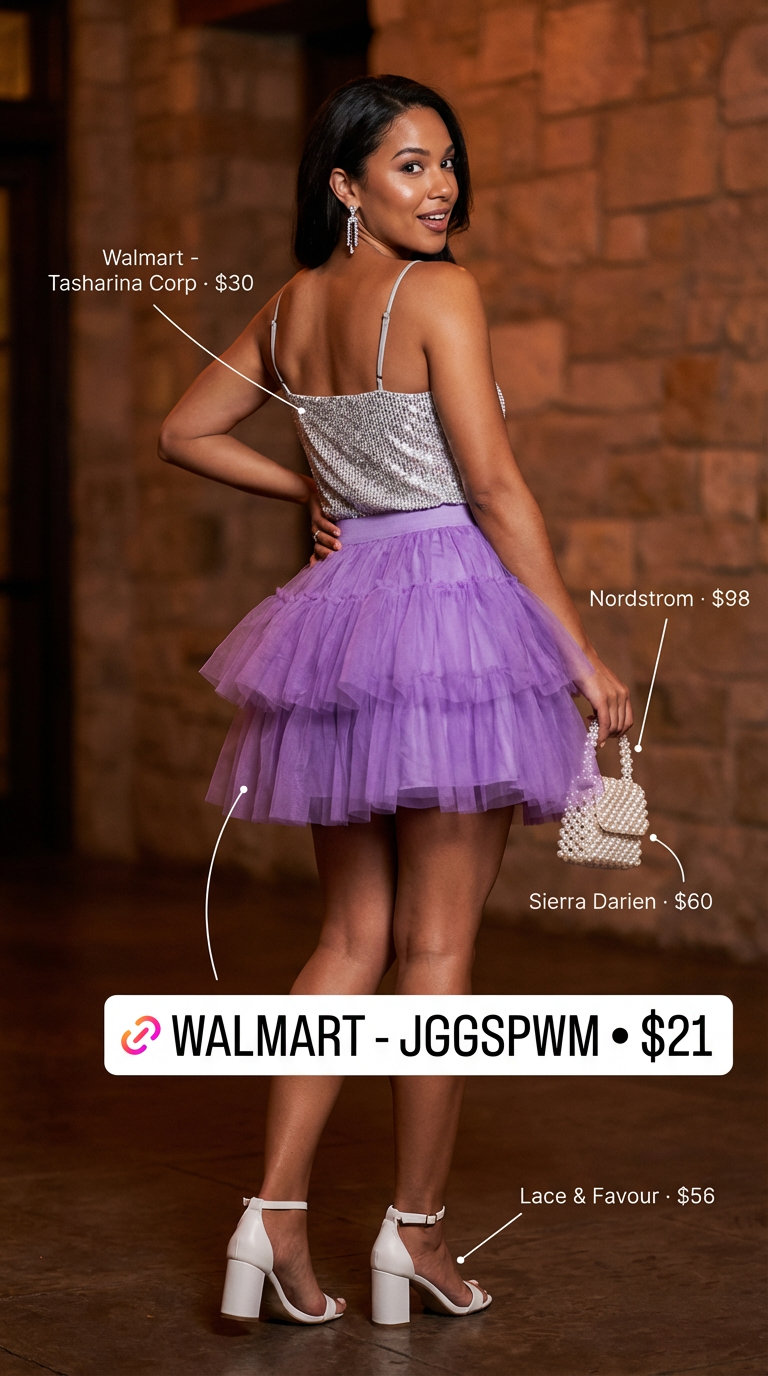 Playful lavender tiered tulle mini skirt paired with a white sequin crop top for a fun night party outfit summer 2026. Complete the glamorous look with silver glitter block heels and a pearl-embellished mini bag. Great for themed parties or girls' night out.
