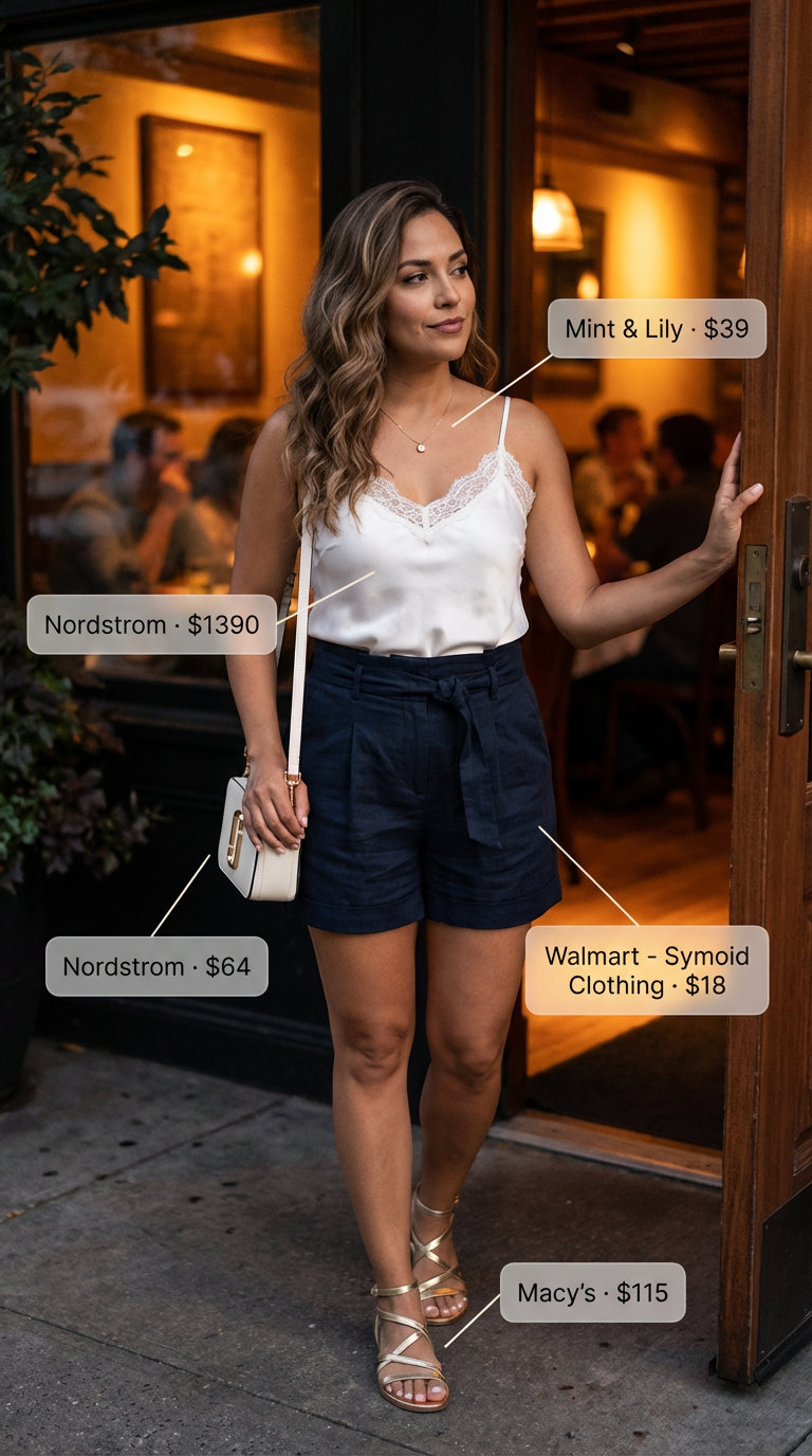 Chic Night party outfit summer 2026 featuring navy linen blend tailored shorts and a white silk camisole. Paired with gold embellished sandals, a delicate pendant necklace, and a white crossbody bag for a resort dinner.