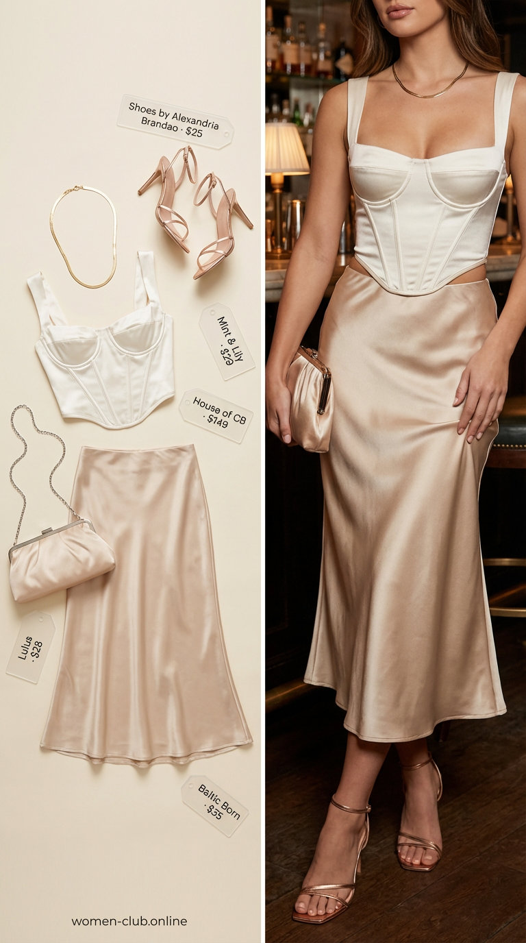 Elegant bias-cut champagne satin midi skirt paired with an ivory lace-trimmed corset top for a stylish night party outfit summer 2026. Accessorized with rose gold strappy heels and a delicate rose gold chain necklace. Perfect for dinner dates.