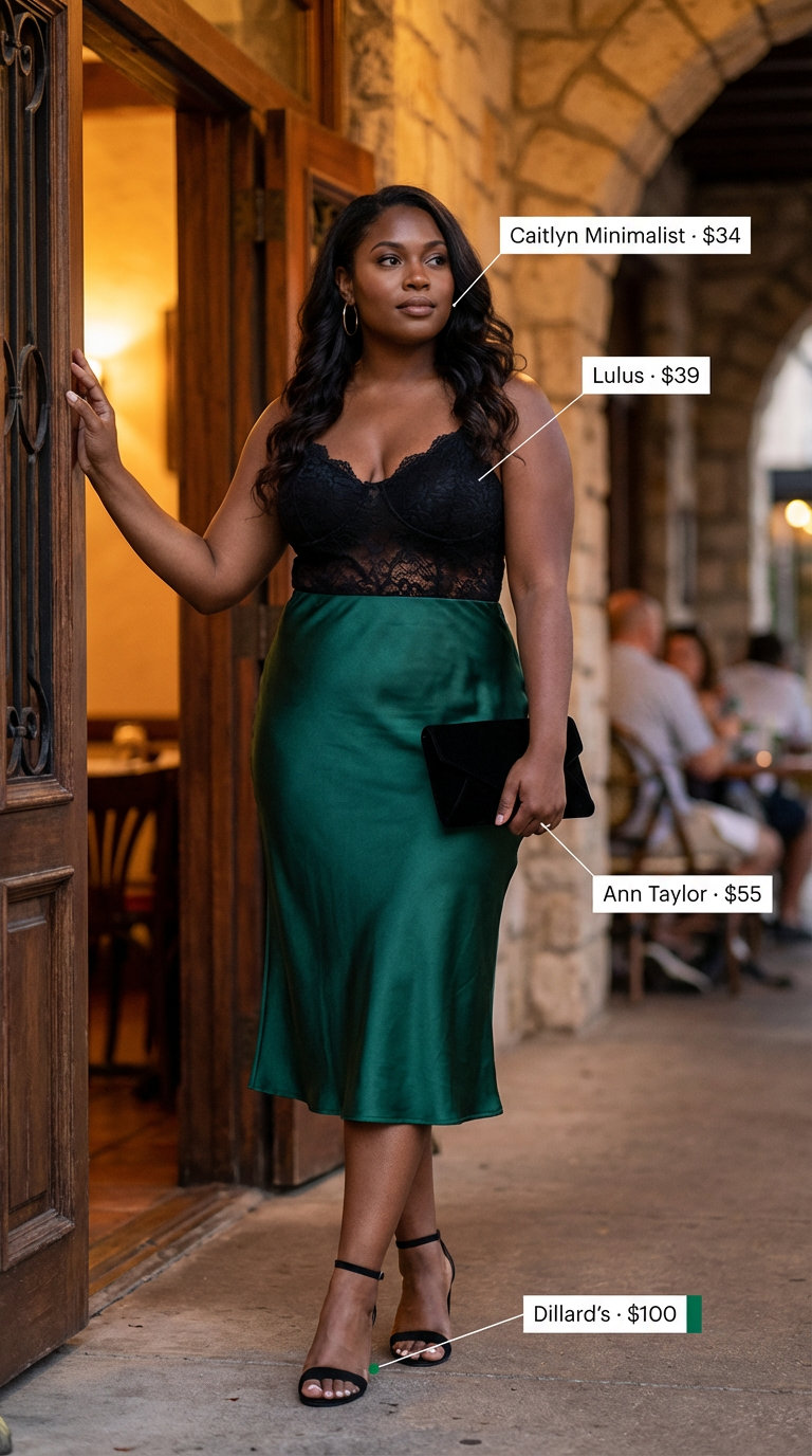 Sultry Night party outfit summer 2026 featuring an emerald green satin midi slip skirt, black lace bodysuit, strappy stiletto sandals, and a small black velvet clutch for a romantic date night.