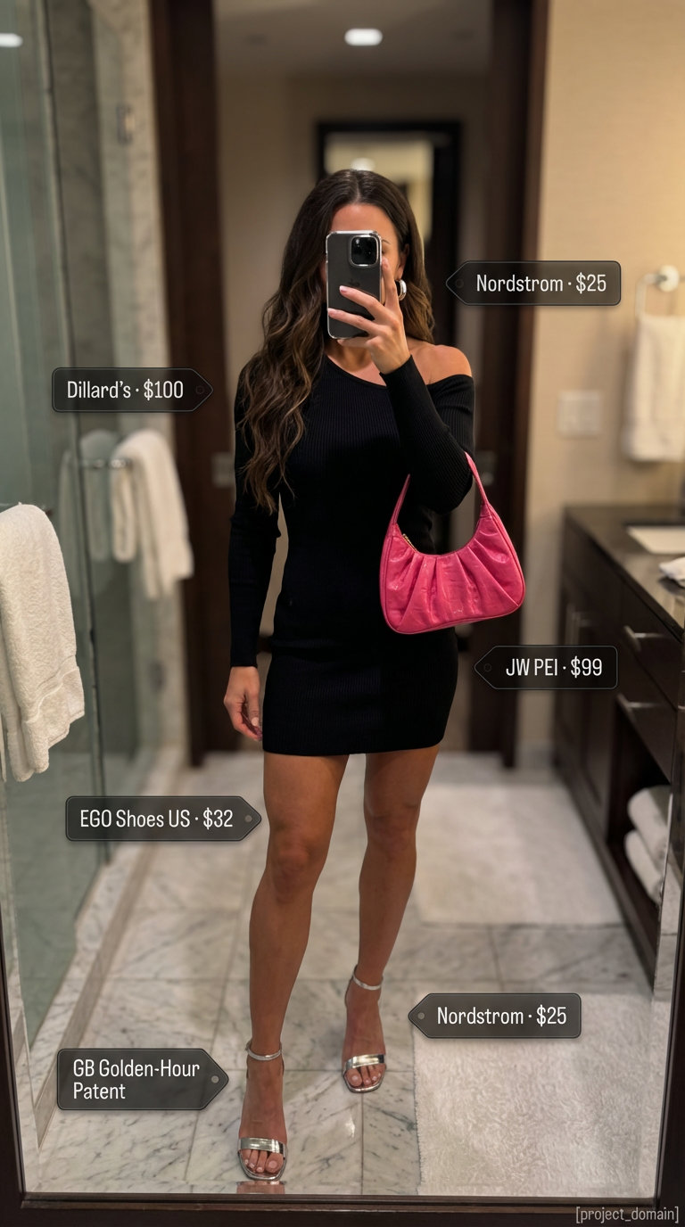 Glamorous black bodycon mini dress with an asymmetrical neckline for a confident night party outfit summer 2026. Paired with metallic silver heels and a hot pink mini shoulder bag. Ideal for nightclubs or cocktail parties.