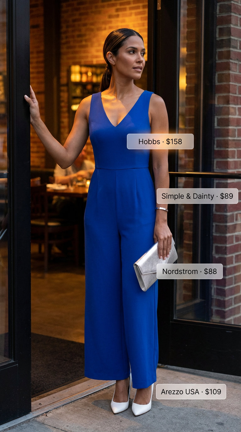 Sophisticated Urban Chic Soiree night party outfit summer 2026 featuring a cobalt blue tailored wide-leg jumpsuit, white stiletto pumps, and a metallic silver clutch.