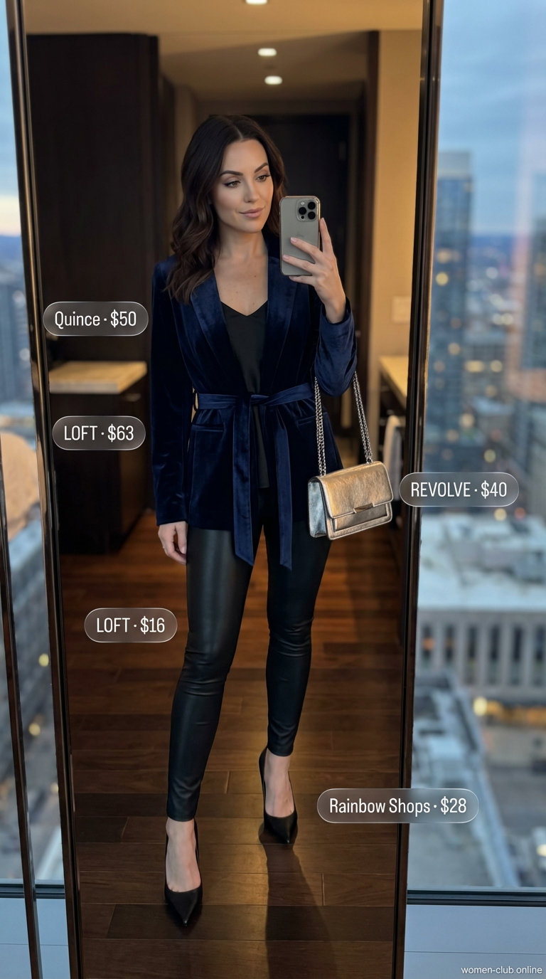 Luxurious Night party outfit summer 2026 featuring a navy velvet blazer, black faux leather skinny pants, and a black silk camisole. Accessorized with a silver metallic mini bag and black patent pumps, perfect for an upscale evening.