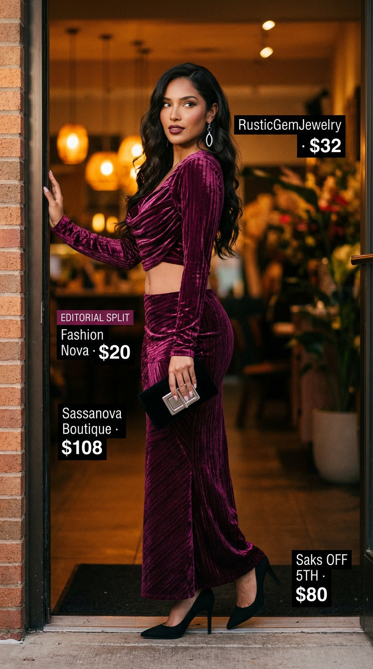 Luxurious Night party outfit summer 2026 featuring a deep plum velvet two-piece set, with a wrap crop top and wide-leg pants. Paired with black suede heels, a mini velvet clutch, and silver statement earrings for a formal dinner.
