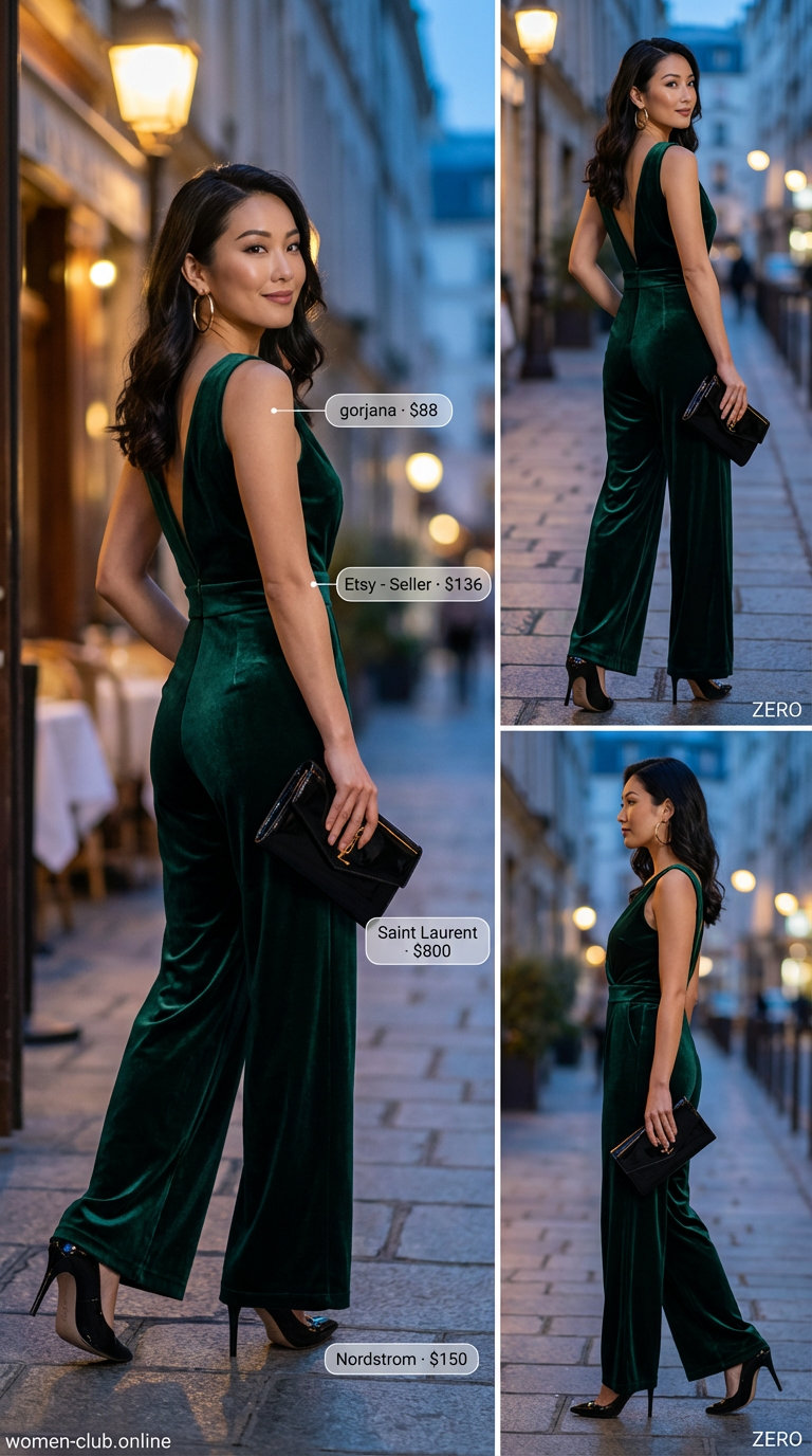 Bold Night party outfit summer 2026 featuring an emerald green wide-leg velvet jumpsuit with a plunging V-neck. Accessorized with black suede pumps, a black structured clutch, and gold statement hoop earrings for a gala event.