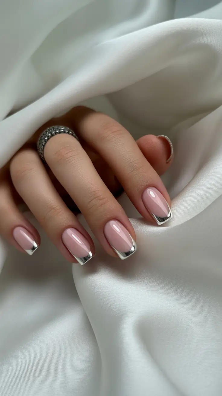 simple spring french tip nails 2026 elegant pink and metallic