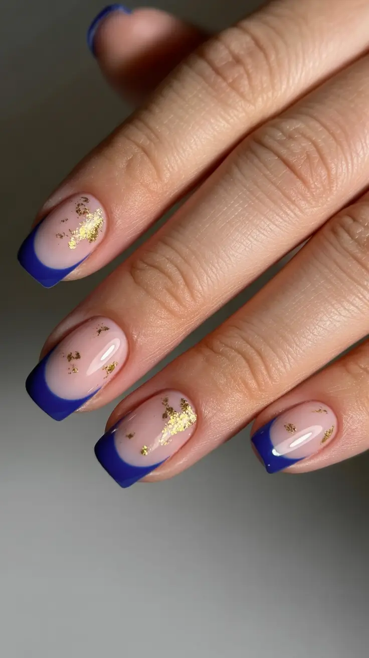 simple spring french tip nails 2026 blue and gold accents