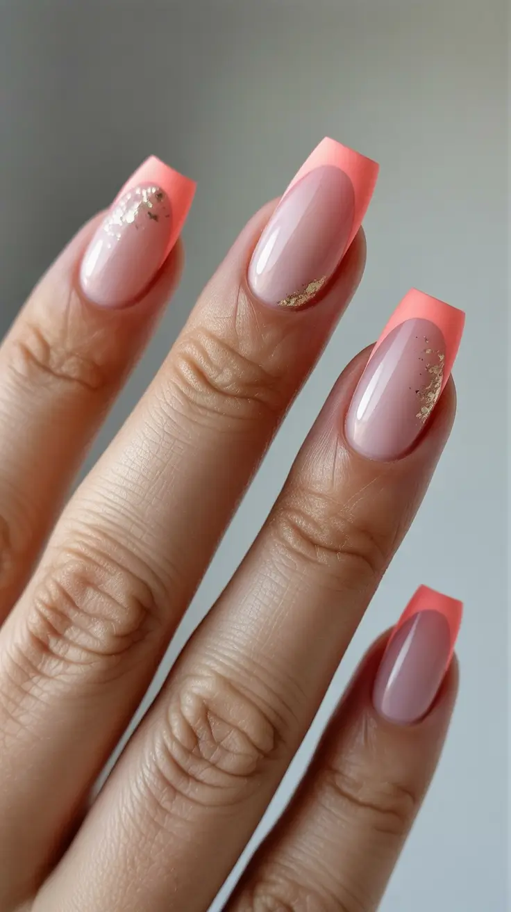 simple spring french tip nails 2026 peach pink with gold accents