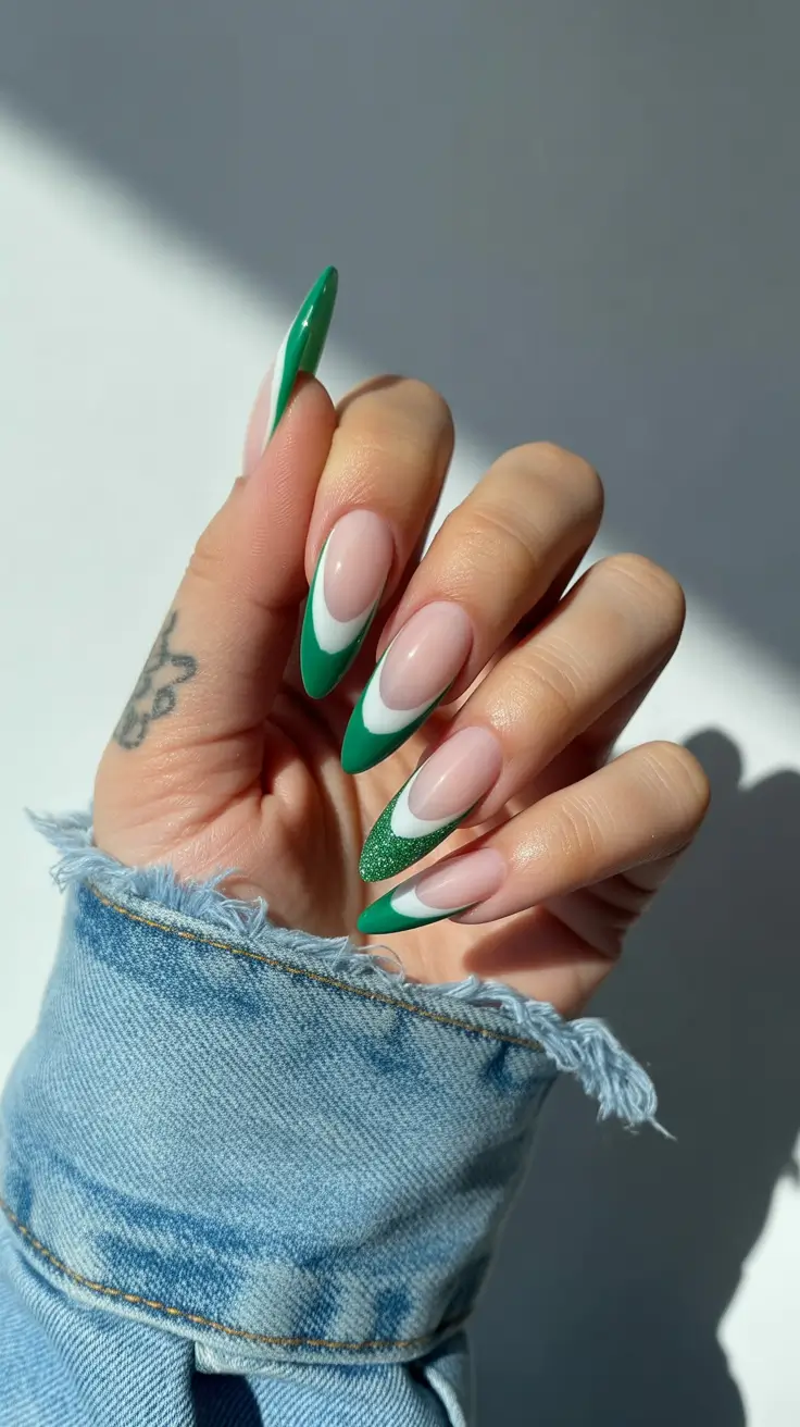 simple spring french tip nails 2026 green with glitter