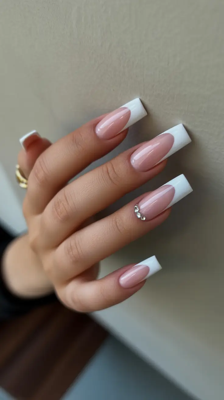 simple spring french tip nails 2026 classic with gems