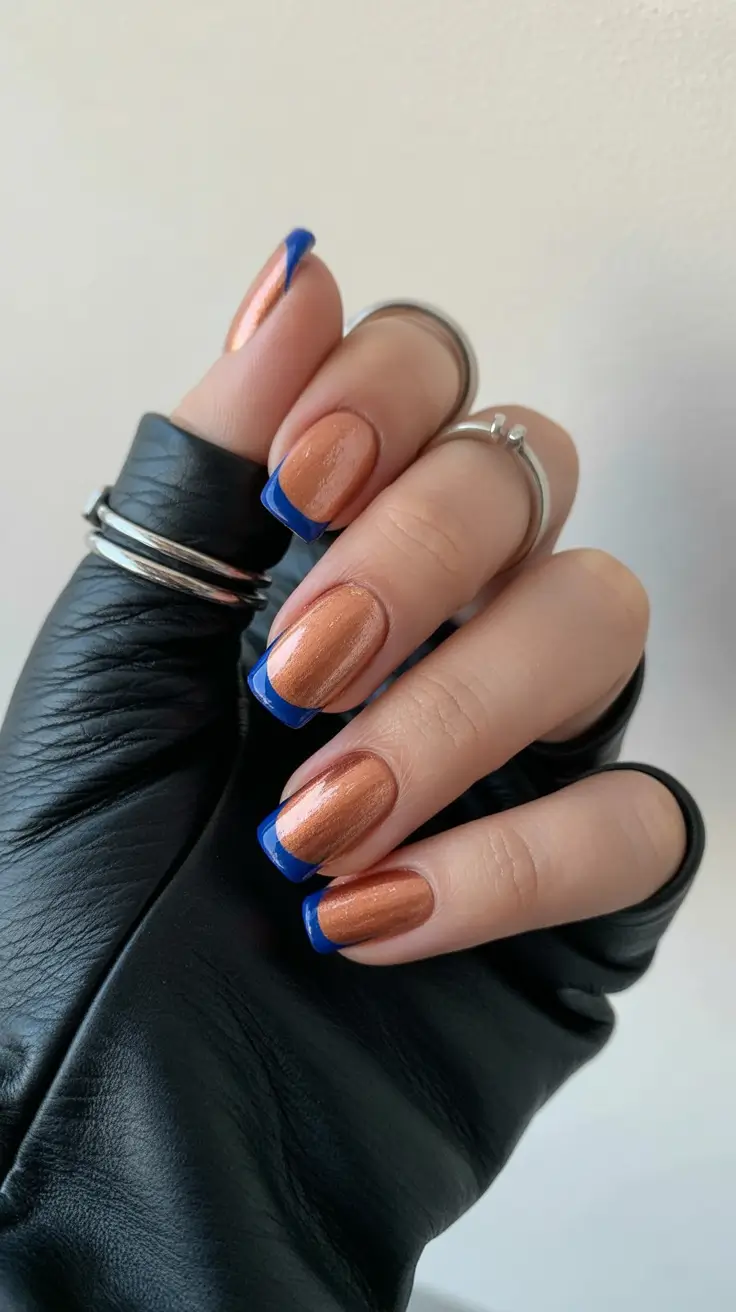 simple spring french tip nails 2026 blue and copper tips