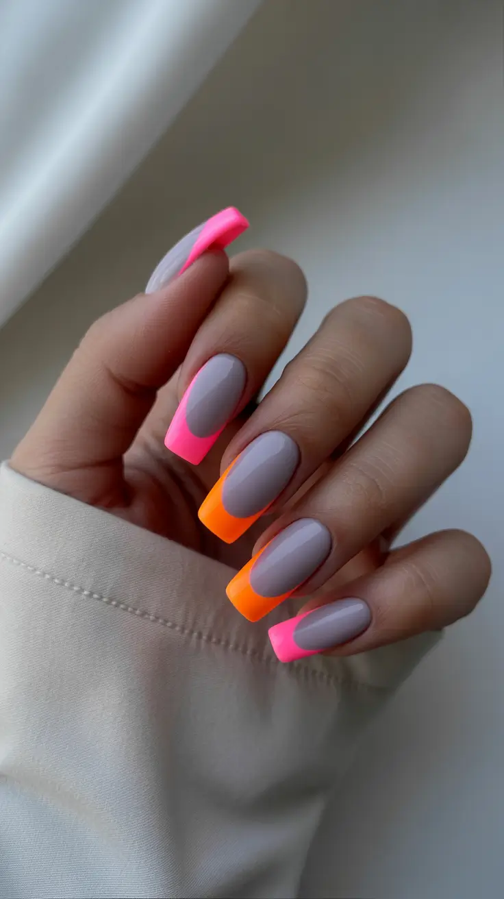 simple spring french tip nails 2026 neon pink and orange tips