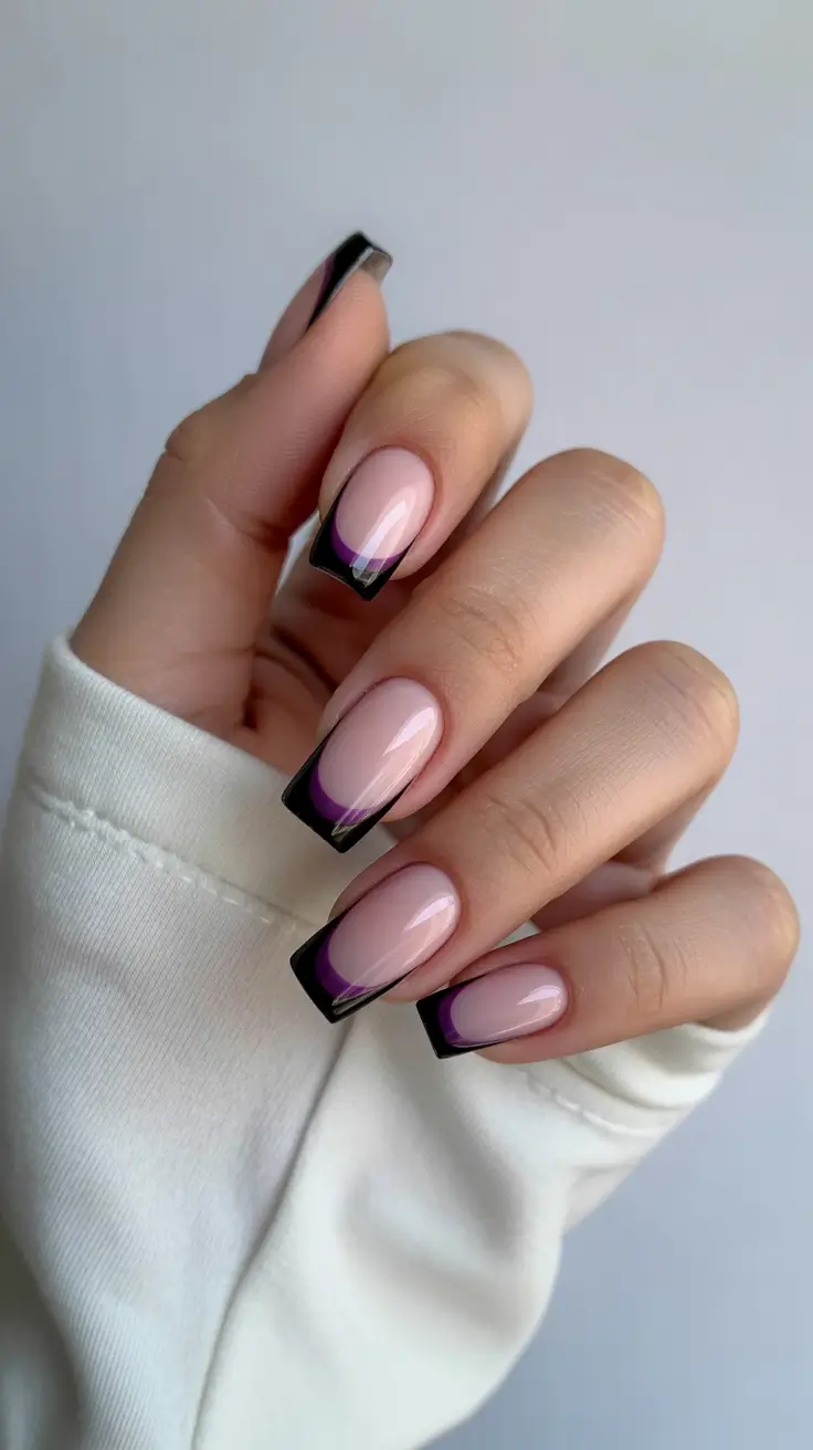 simple spring french tip nails 2026 purple and black tips