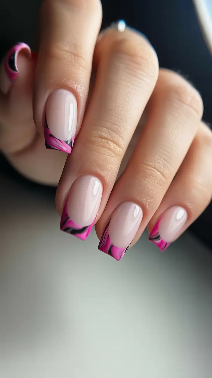 simple spring french tip nails 2026 abstract pink and black tips