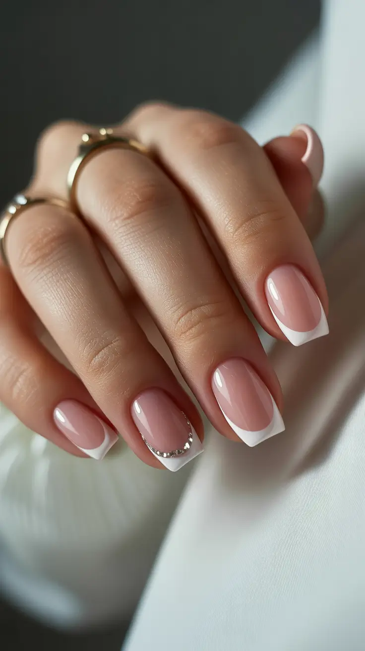 simple spring french tip nails 2026 classic white with gem