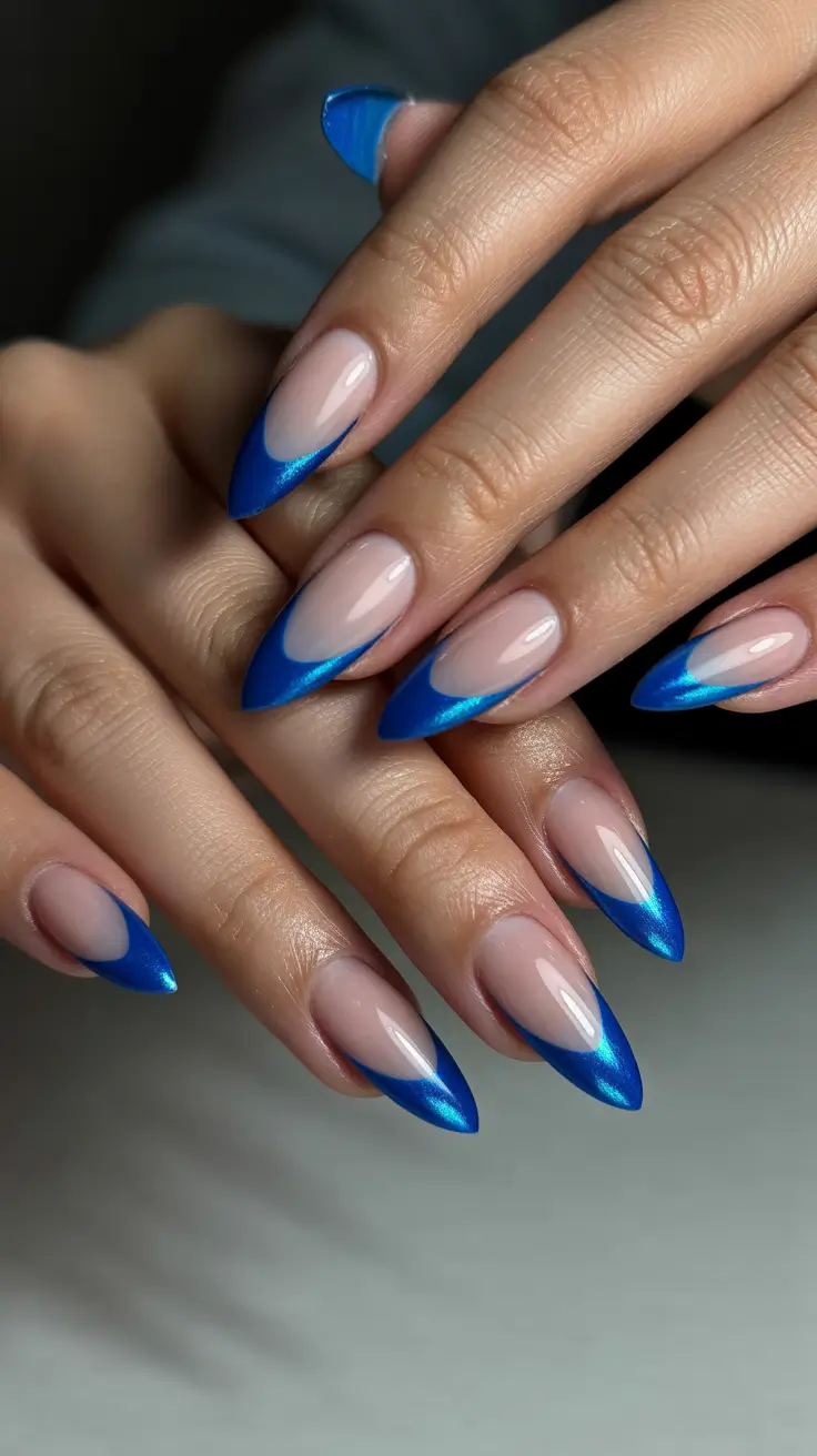 simple spring french tip nails 2026 blue and silver gradient