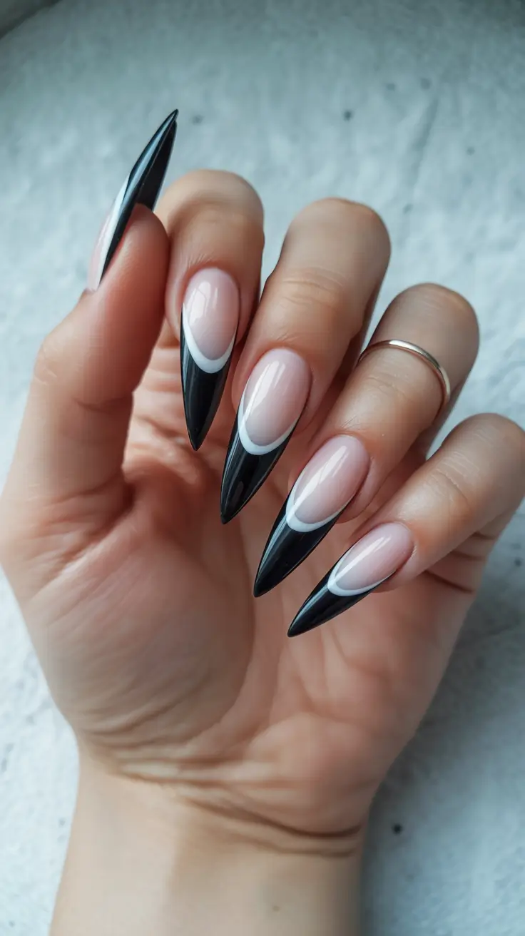simple spring french tip nails 2026 sharp black tips