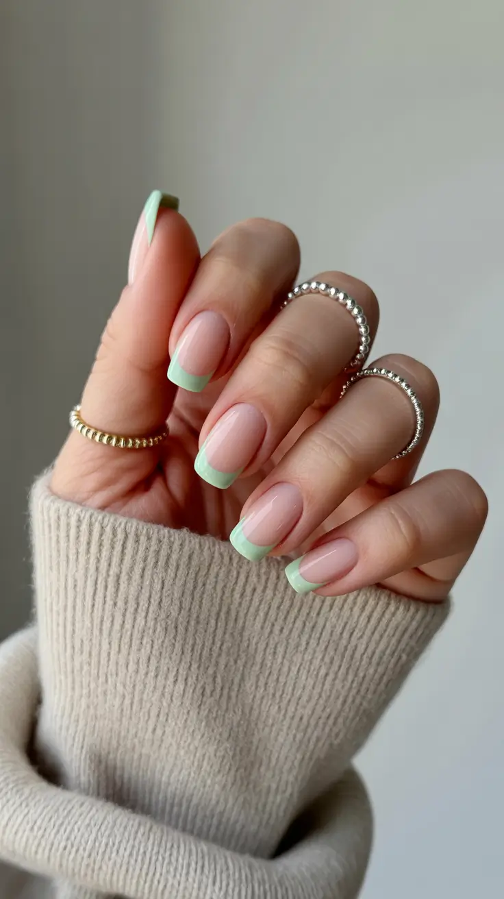simple spring french tip nails 2026 mint green tips