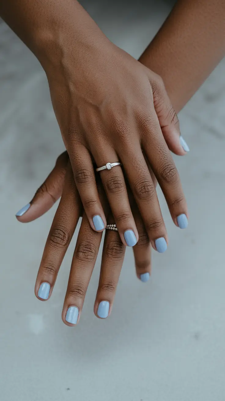 stylish spring nails for dark skin 2026 Soft Sky Minimalism That Feels Effortlessly Classy