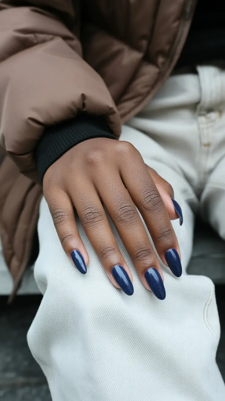 stylish spring nails for dark skin 2026 Deep Navy Almond Nails That Deliver Timeless Classy Drama