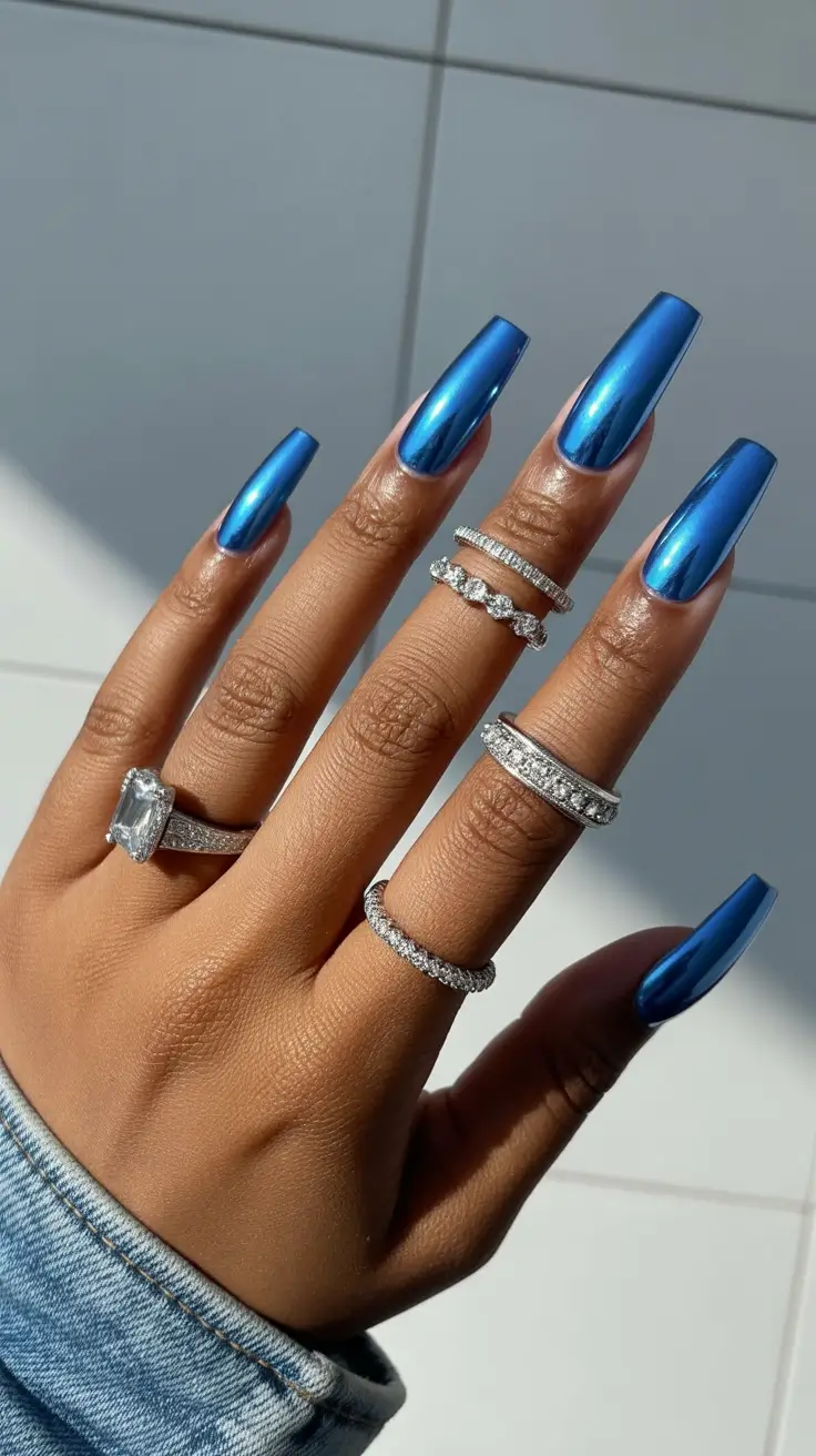 stylish spring nails for dark skin 2026 Metallic Sapphire Drama for Statement Spring Moments