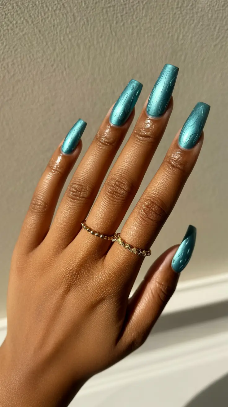 stylish spring nails for dark skin 2026 Ocean Teal Gloss Nails That Radiate Modern Cute Energy