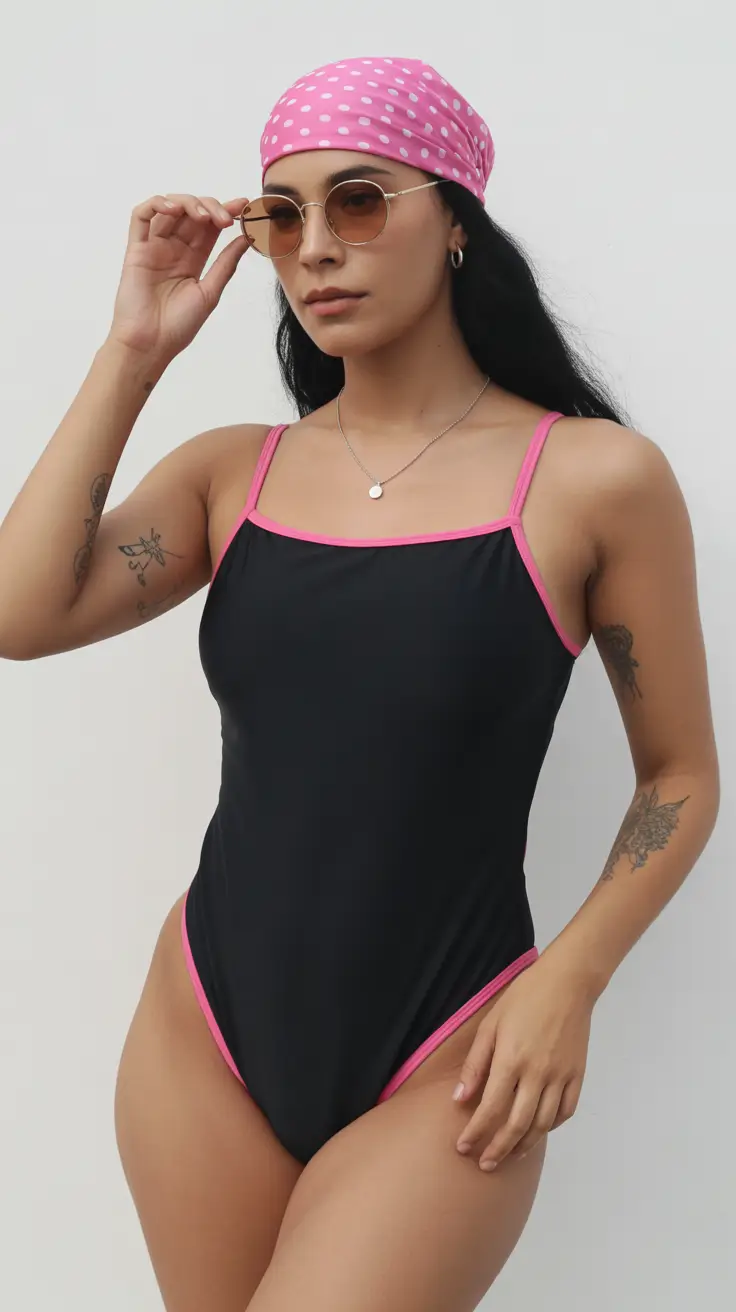 summer 2026 one piece swimsuit ideas Sporty noir with neon pink contrast