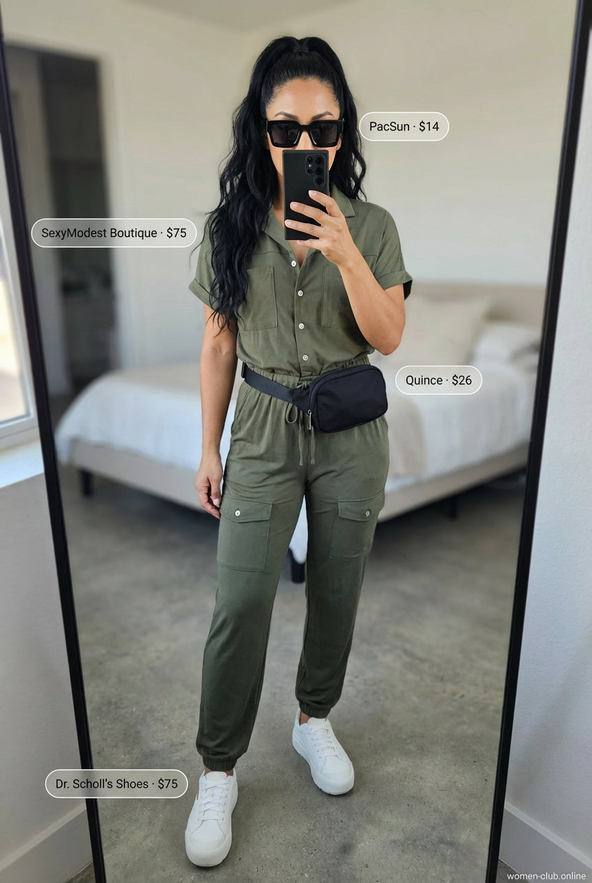 An adventurous khaki utility jumpsuit with white sneakers and a black belt bag, a practical and stylish option for a summer basic wardrobe for women 2026.