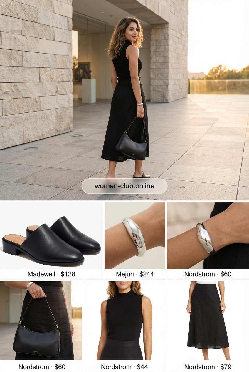 A modern art gallery outfit with a black A-line midi skirt, white mock neck tank top, and black leather mules, essential for a summer basic wardrobe for women 2026.