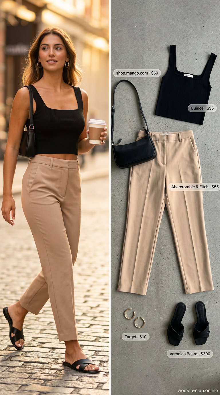A sophisticated casual work outfit featuring a black square-neck top, beige linen trousers, black flat sandals, and a small shoulder bag, ideal for a summer basic wardrobe for women 2026.