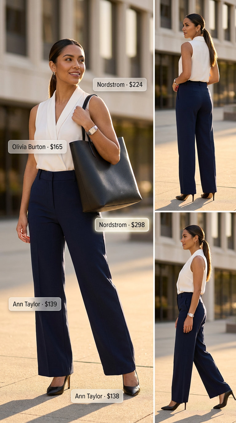 A polished office outfit showcasing navy wide-leg tailored trousers, an off-white silk blend blouse, and classic navy pumps, ideal for a summer basic wardrobe for women 2026.