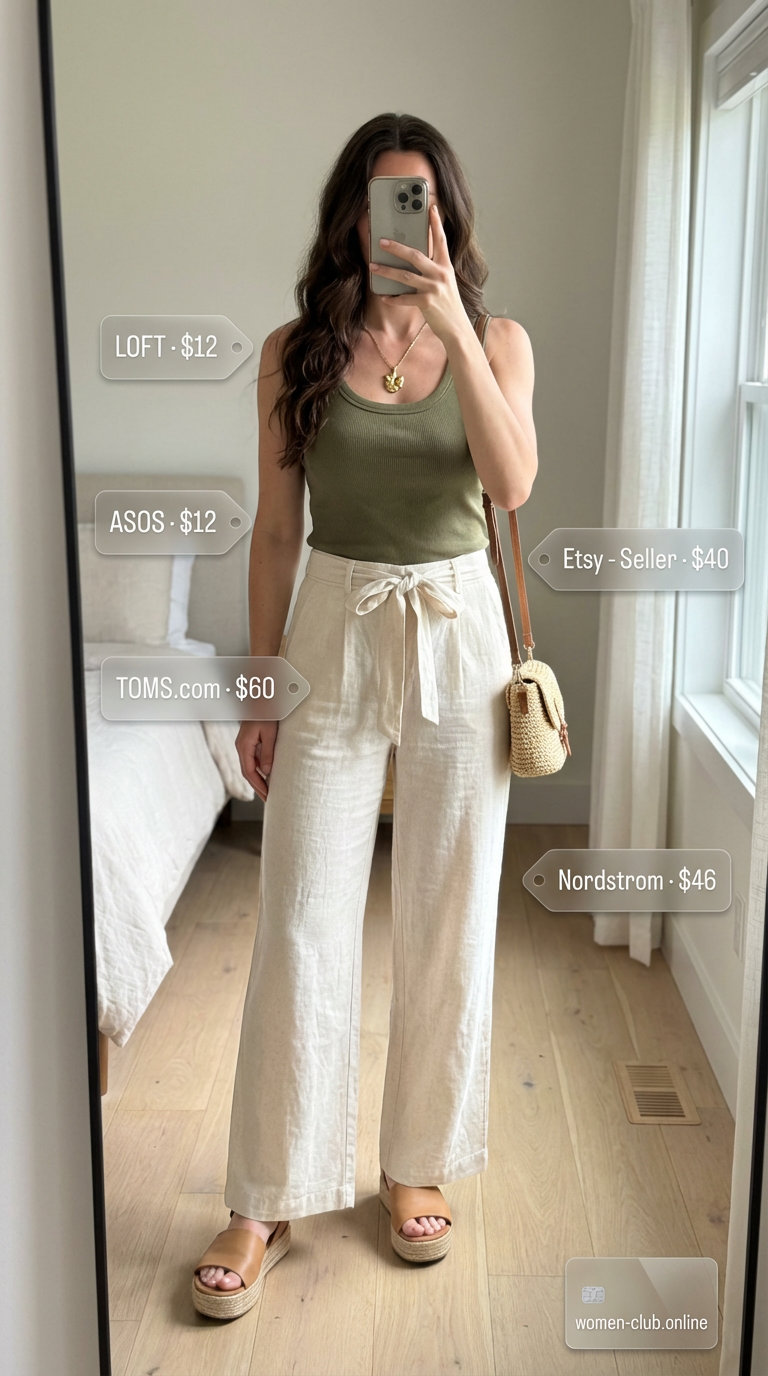 A chic summer brunch outfit featuring cream wide-leg linen pants, an olive green tank top, and woven espadrille sandals, key for a summer basic wardrobe for women 2026.