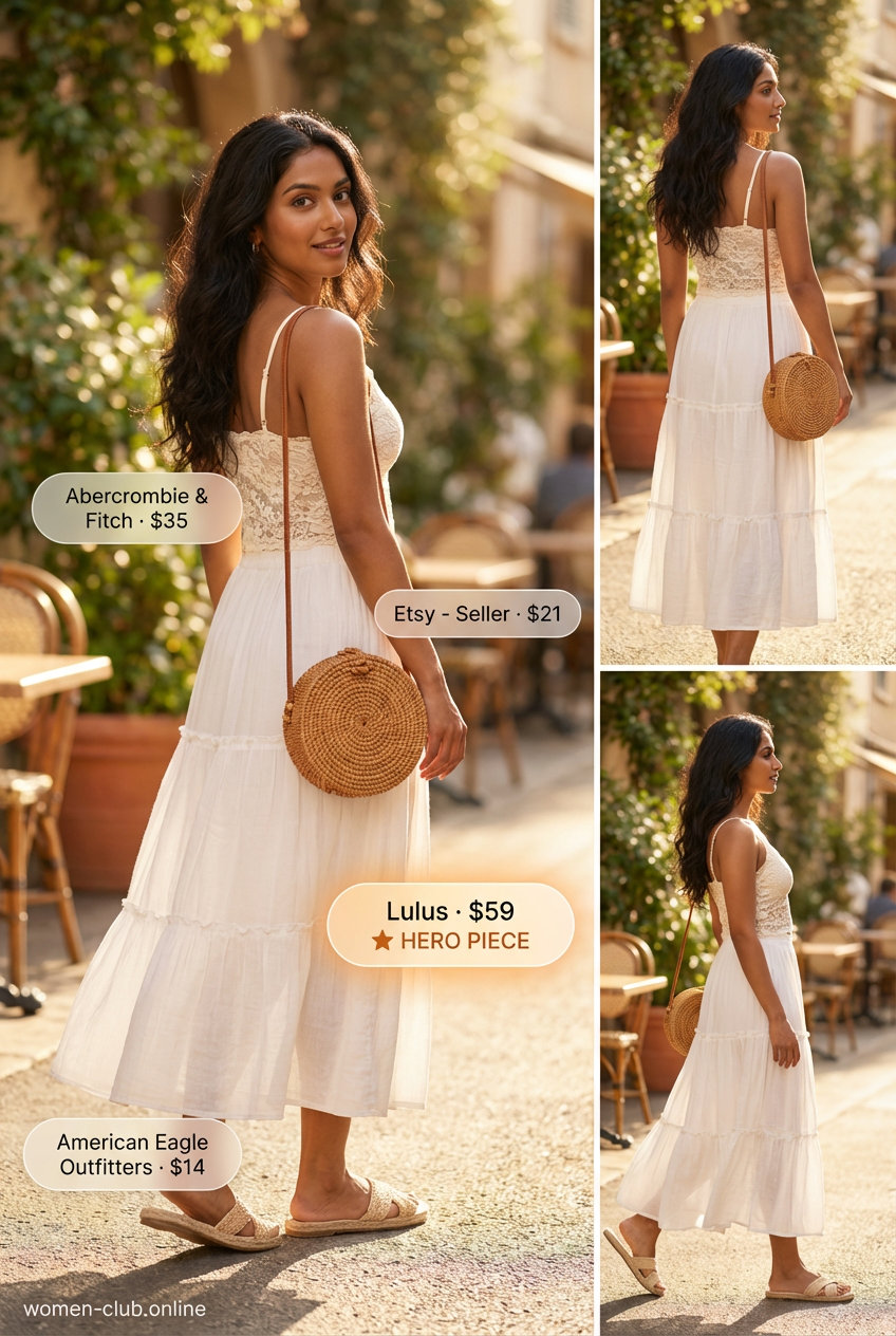 A relaxed Boho Beach Day outfit with a cream tiered maxi skirt, lace camisole, and espadrille sandals, fitting for summer basic wardrobe for women 2026.