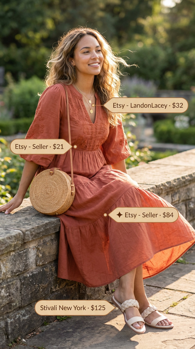 A bohemian festival dream outfit featuring a terracotta flowy maxi dress, gold layered necklaces, and flat leather slides, ideal for summer basic wardrobe for women 2026.