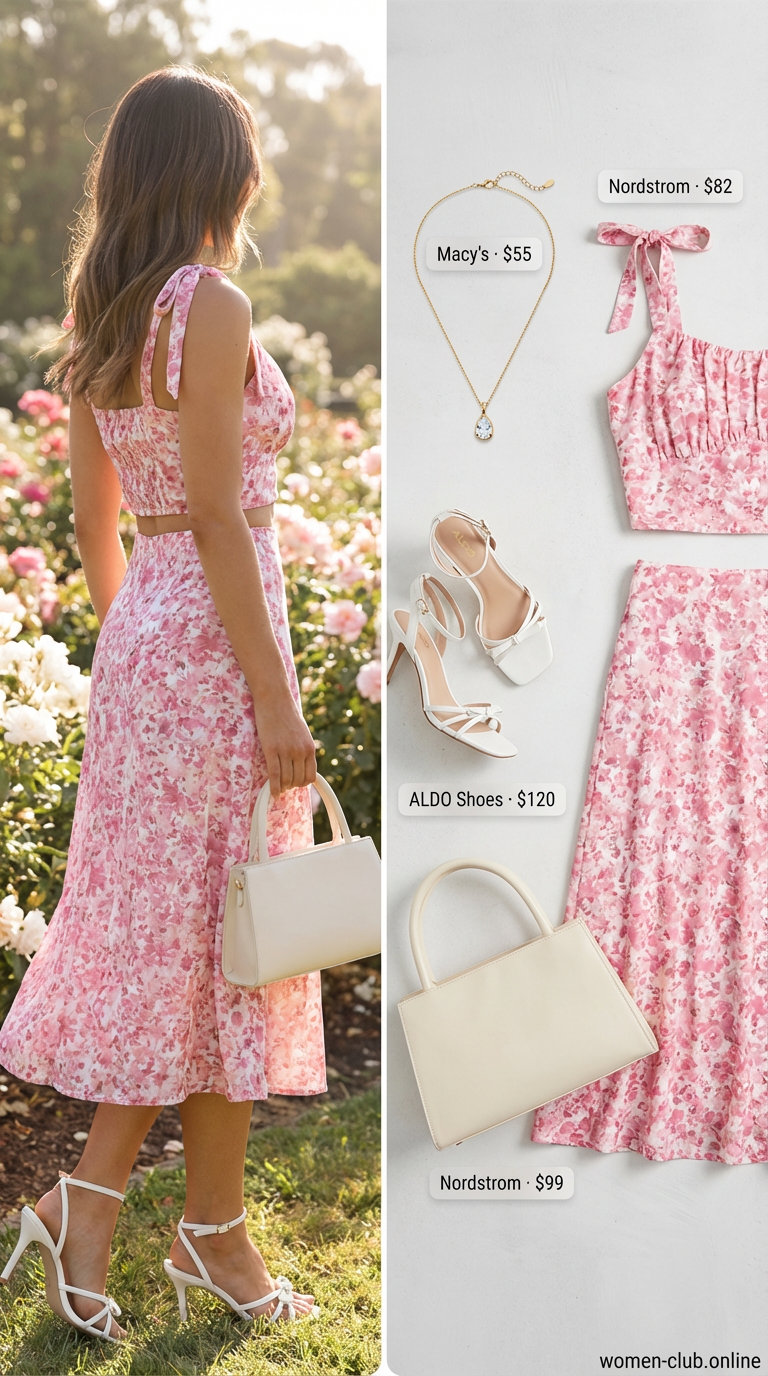 Glamorous pink floral co-ord set for women with white heels and gold accessories, perfect for a summer basic wardrobe 2026 garden party.