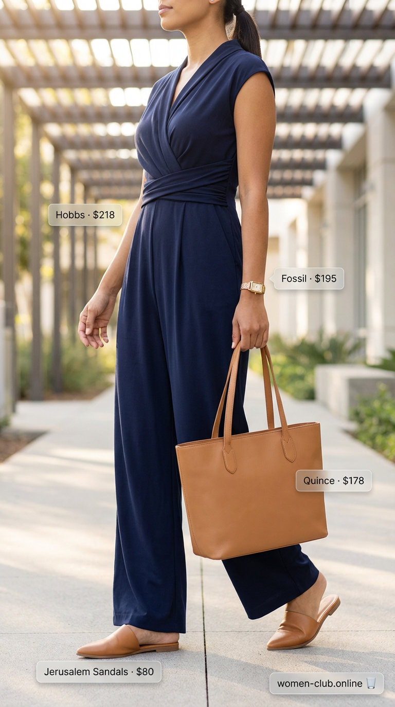 Professional navy blue tailored wide-leg jumpsuit with tan leather mules and tote bag, a sophisticated summer basic wardrobe 2026 office outfit.