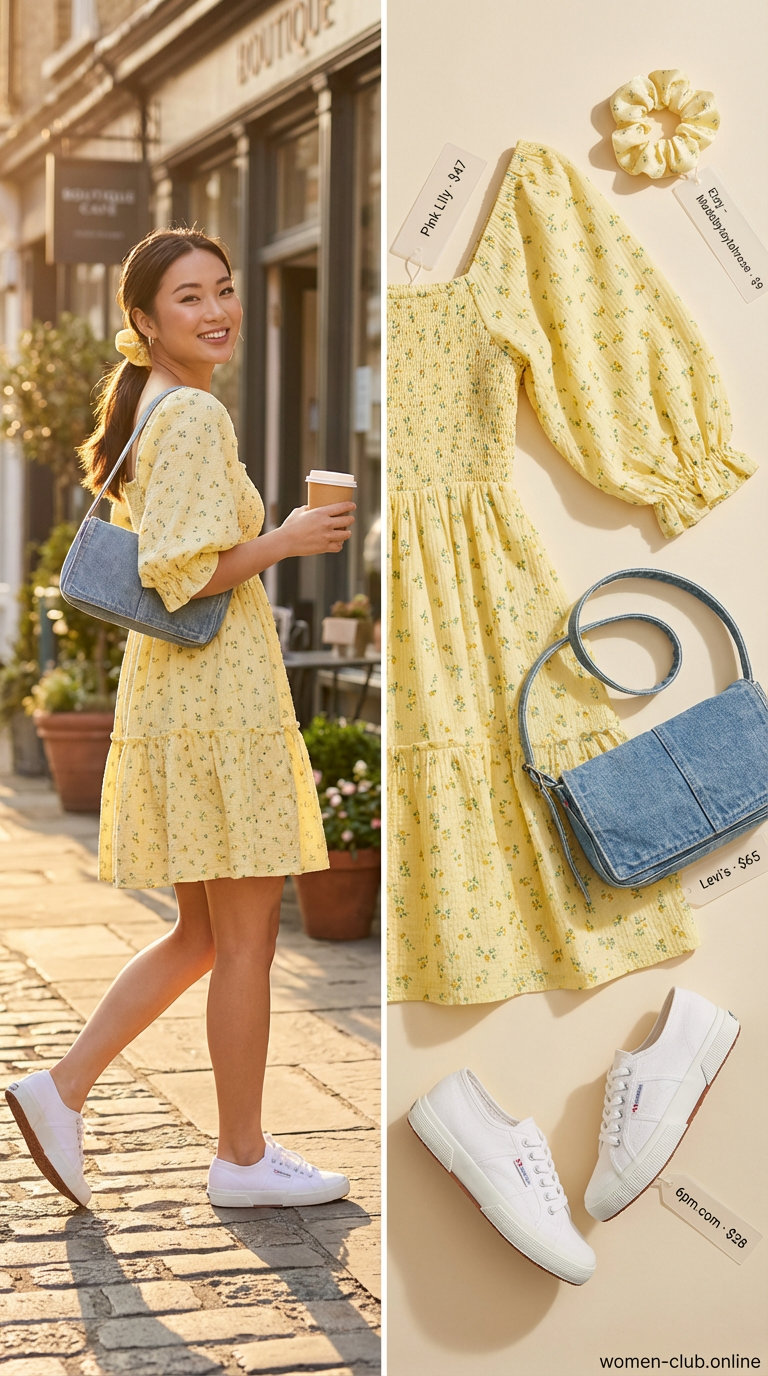 A playful picnic outfit featuring a yellow floral smocked mini dress, denim crossbody, and white sneakers, perfect for summer basic wardrobe for women 2026.