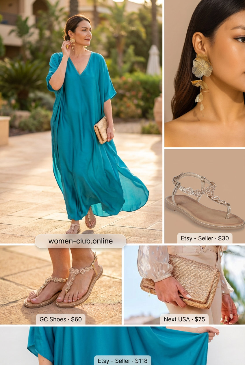 Luxurious turquoise silk caftan maxi dress with gold embellished sandals and a woven clutch, ideal for a summer basic wardrobe 2026 resort vacation.