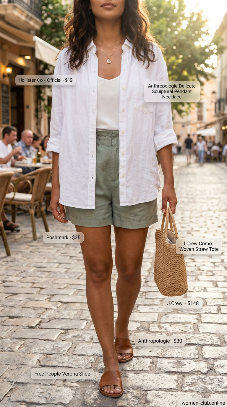 An Effortless Riviera Brunch outfit featuring a white linen button-down, sage green paperbag shorts, and tan slide sandals, fitting for summer basic wardrobe for women 2026.