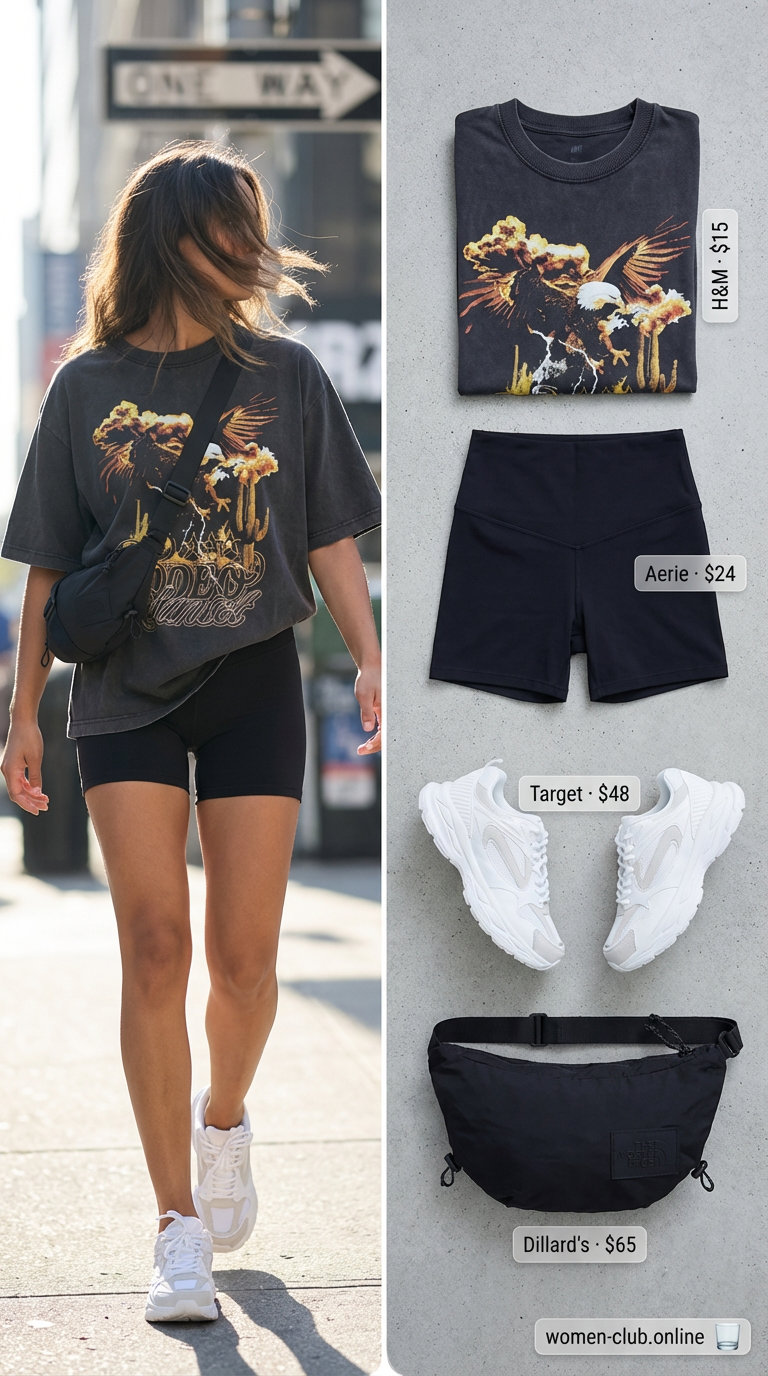 Sporty athleisure outfit featuring black biker shorts, grey graphic tee, and white chunky sneakers, ideal for a summer basic wardrobe 2026 brunch.