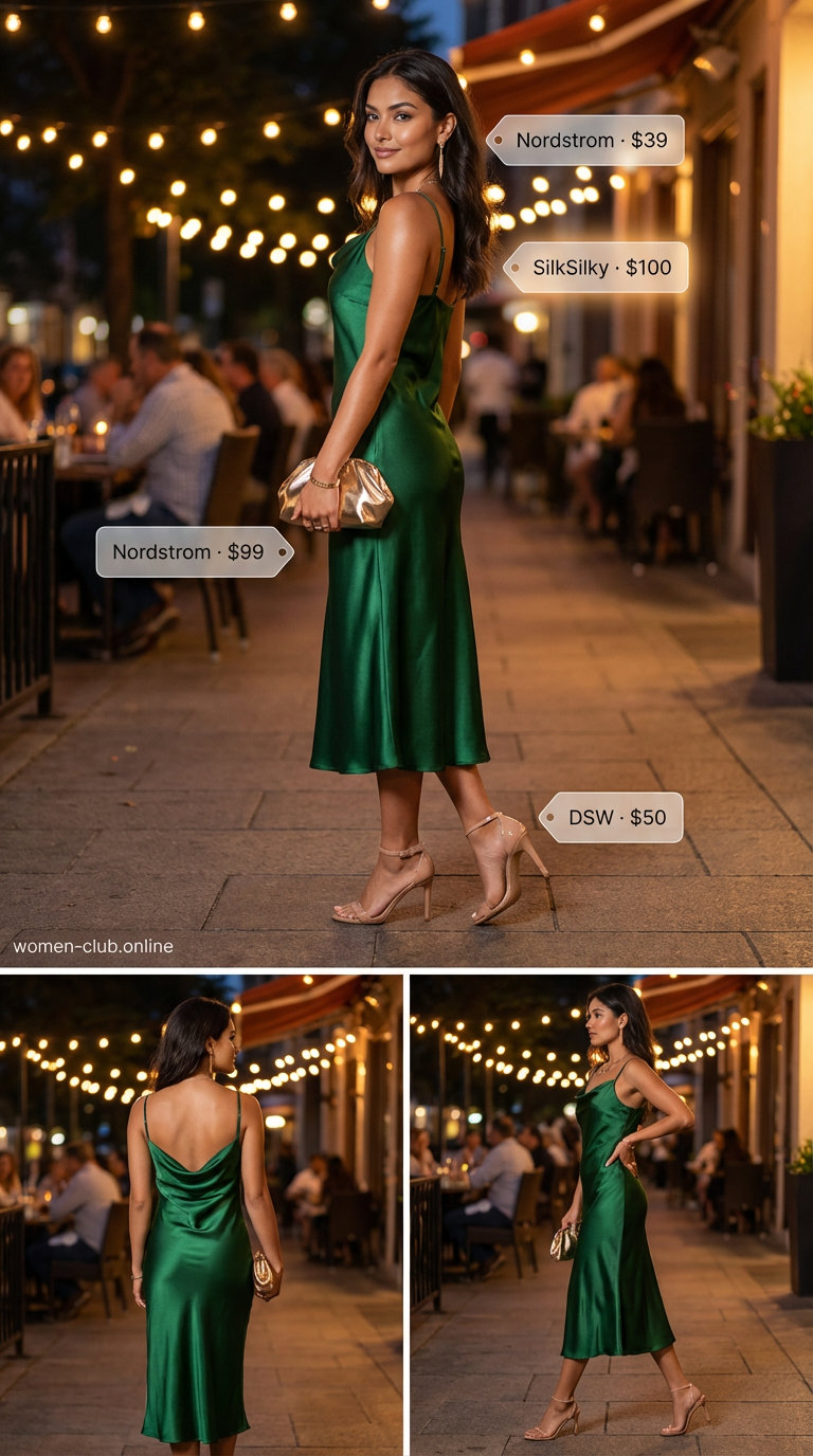 Romantic emerald green satin midi slip dress with nude heels and gold accessories, perfect for a summer basic wardrobe 2026 sunset date night.