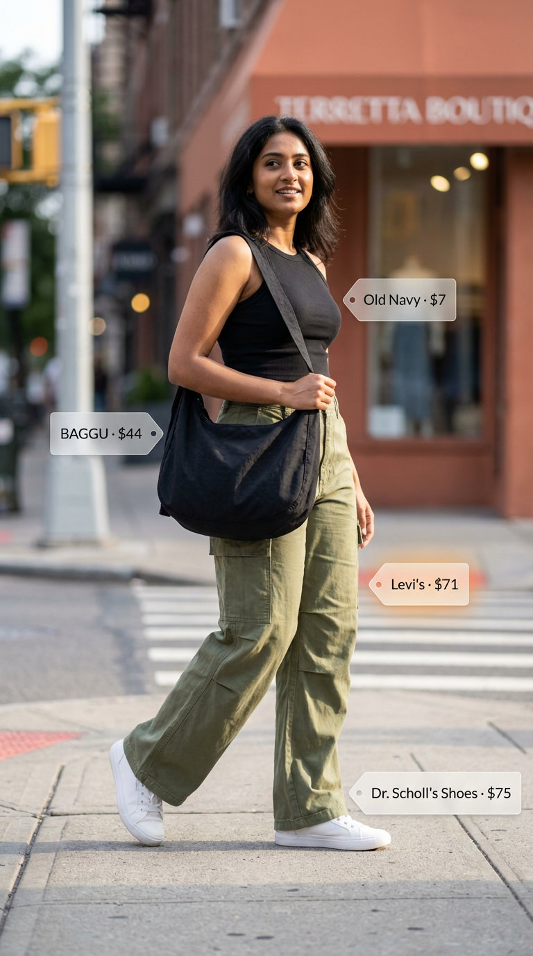 Edgy urban outfit with olive green high-waisted cargo pants, black crop tank, and white sneakers, great for a summer basic wardrobe 2026 city exploration.