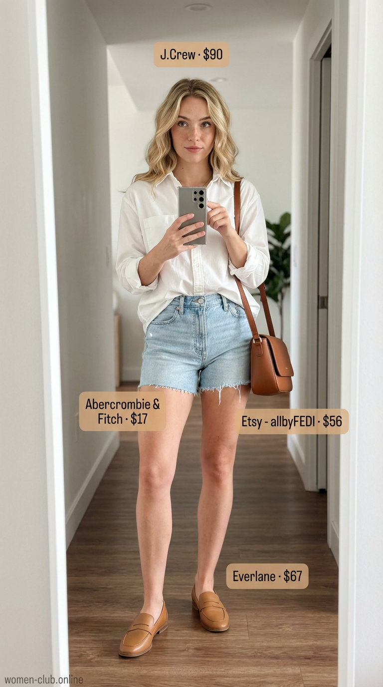 A polished Weekend Market Chic outfit with raw-hem denim shorts, an oversized white button-down, and leather loafers, essential for summer basic wardrobe for women 2026.
