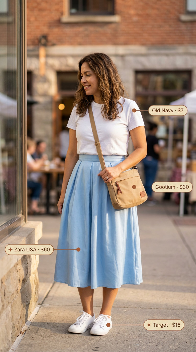 A sweet Weekend Market Fresh outfit featuring a sky blue A-line midi skirt, white tee, and canvas sneakers, an essential for summer basic wardrobe for women 2026.